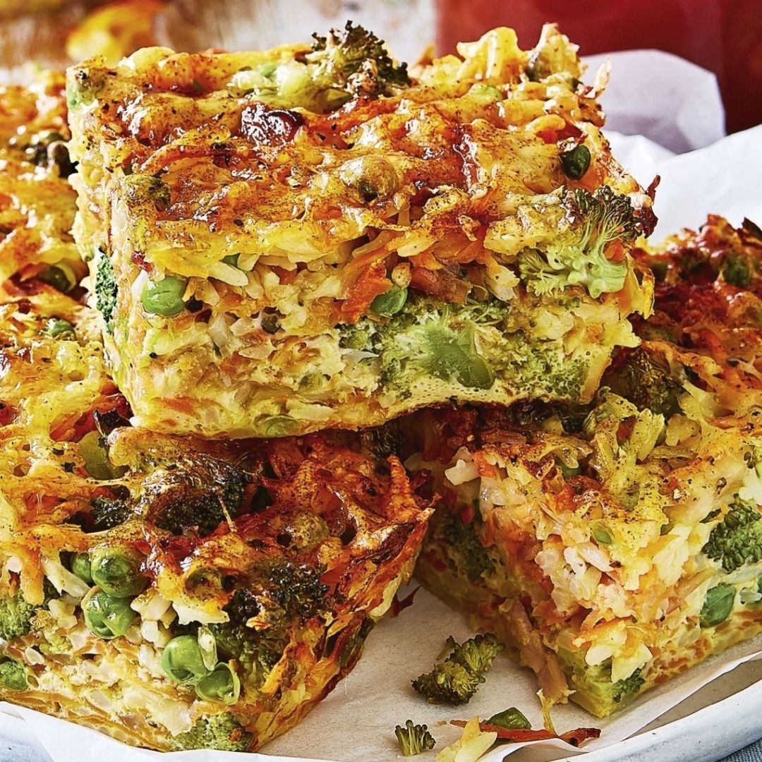 Cheesy Bacon and Veggie Rice Slice