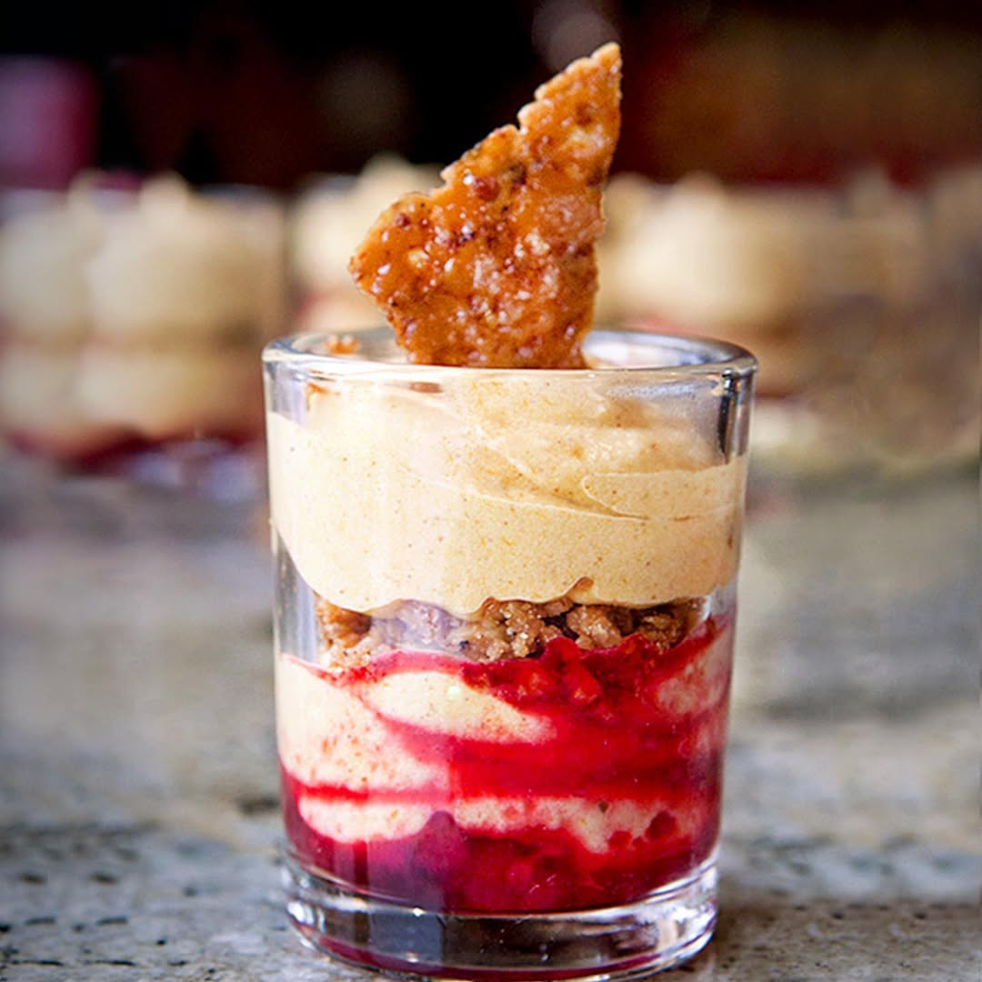 Pumpkin Mousse with Toffee Crunch and Cran-Raspberry Sauce