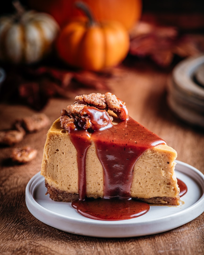 Pumpkin Mascarpone Cheesecake With Brown Butter Bourbon Caramel Sauce