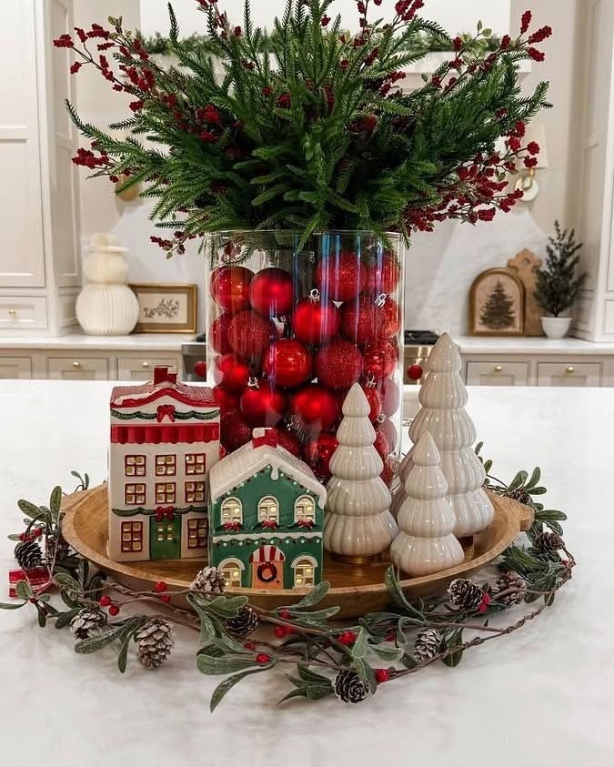 Red Ornament Christmas Village Centerpiece