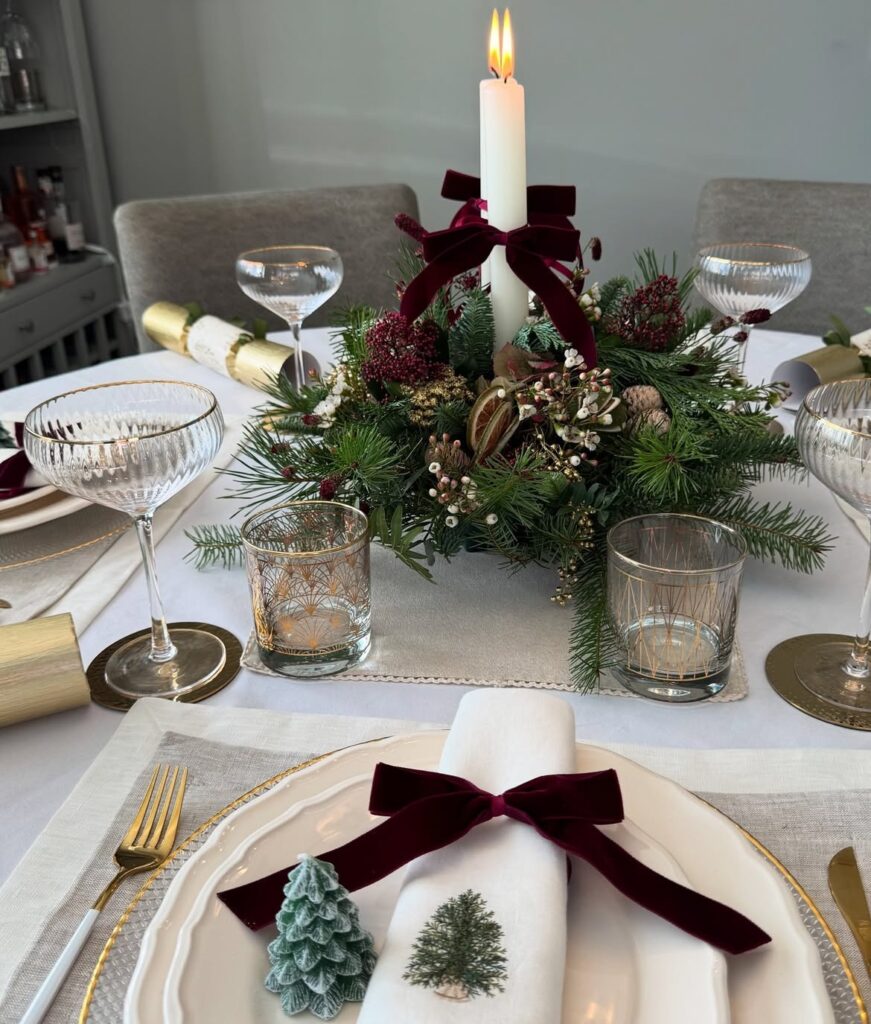 Burgundy Bow Christmas Centerpiece