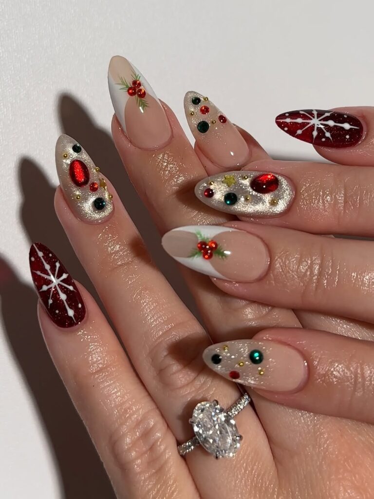 Elegant Christmas Holly And Snowflake Nails 