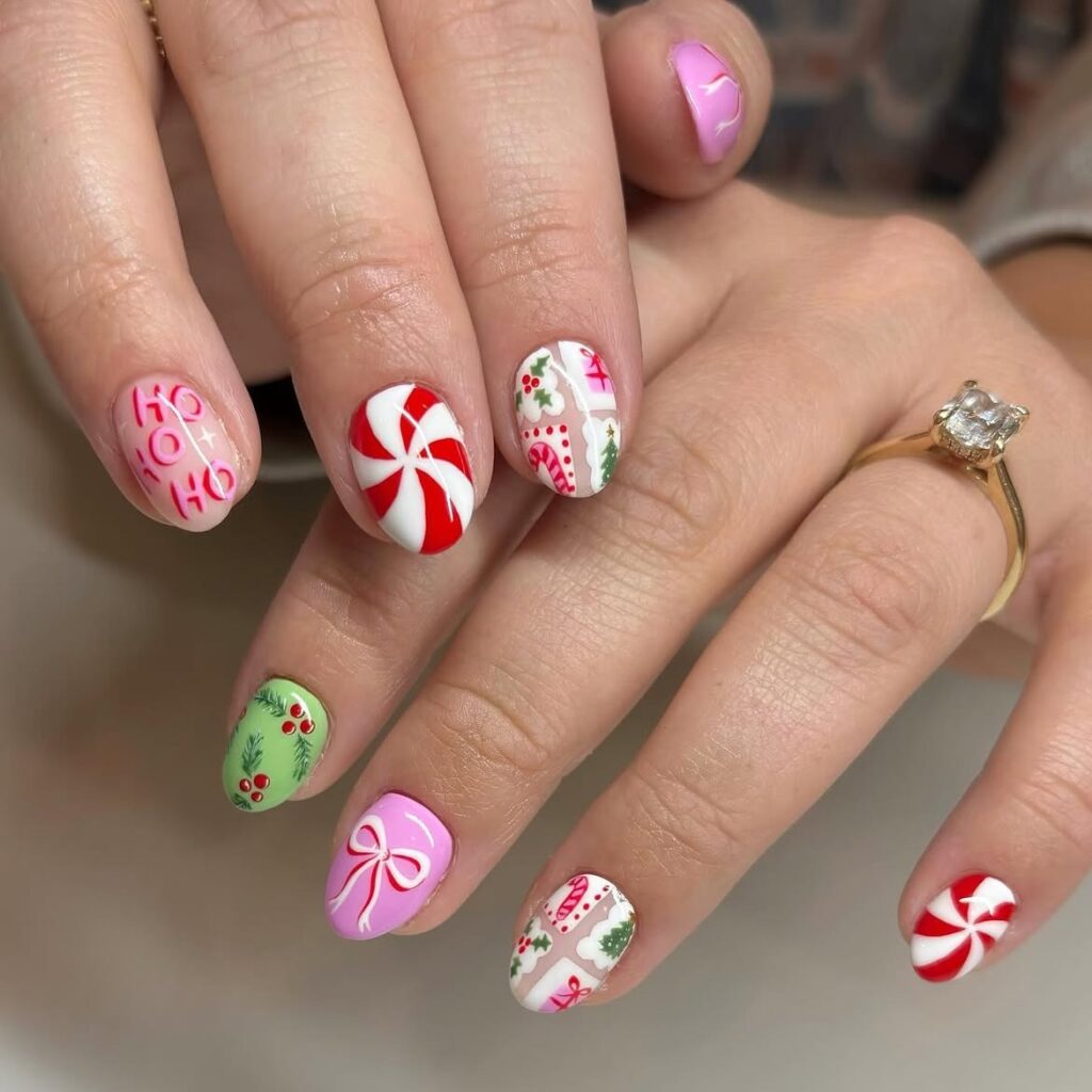 Pink Candy Cane Christmas Nails 