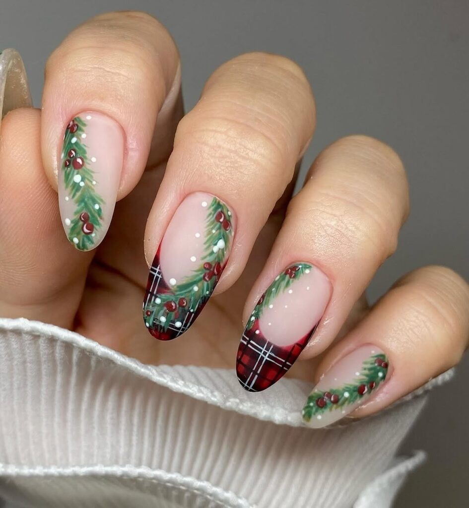 Christmas Plaid and Holly Nails 
