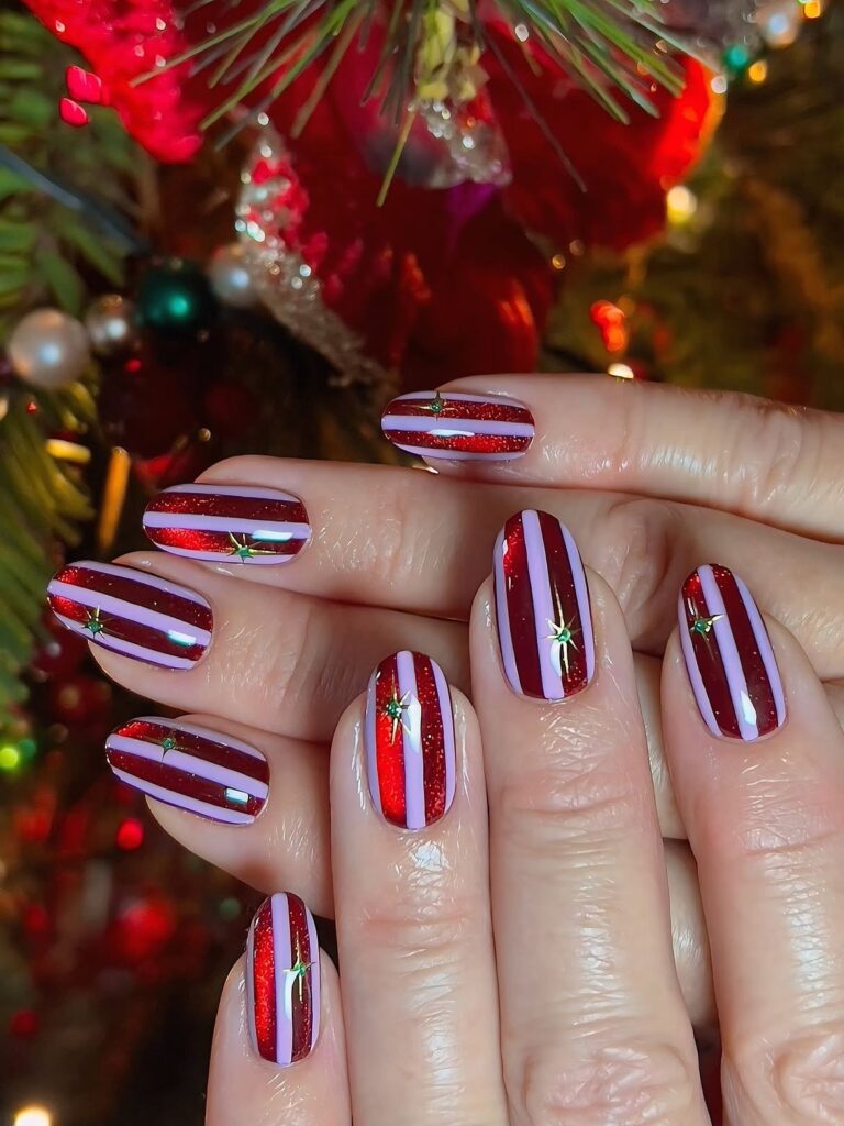 Red And Pink Christmas Stripe Nails 