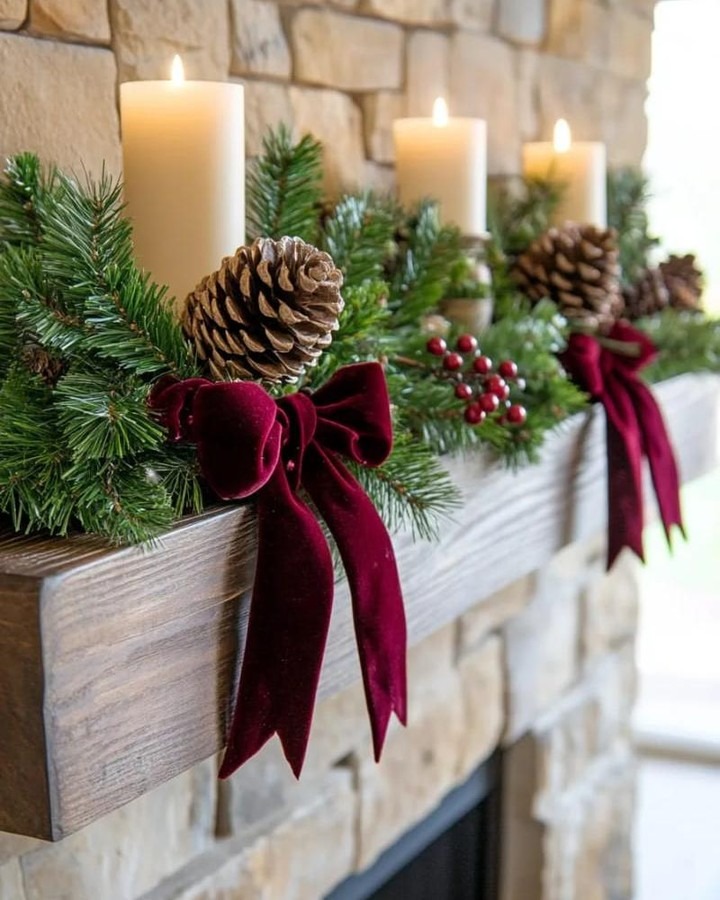 Minimalist Christmas Mantel With Burgundy Bows