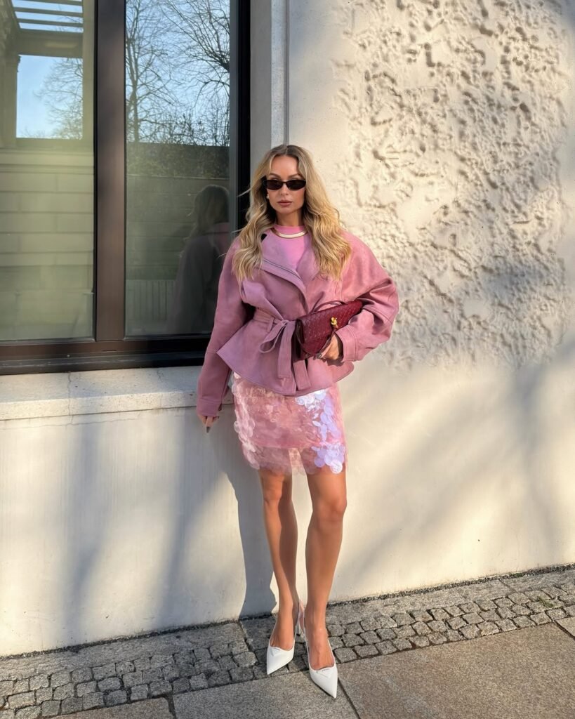 Big Pink Sequin Skirt and Blush Jacket 