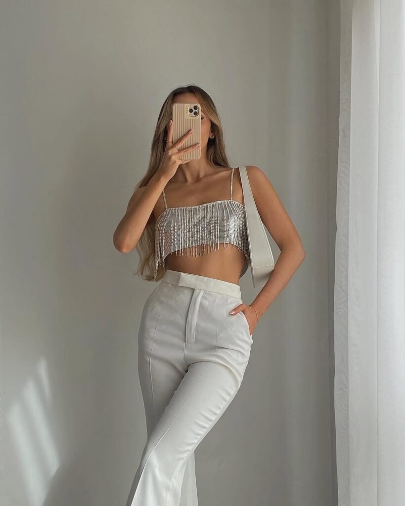 Silver Fringe Crop Top and White Pants