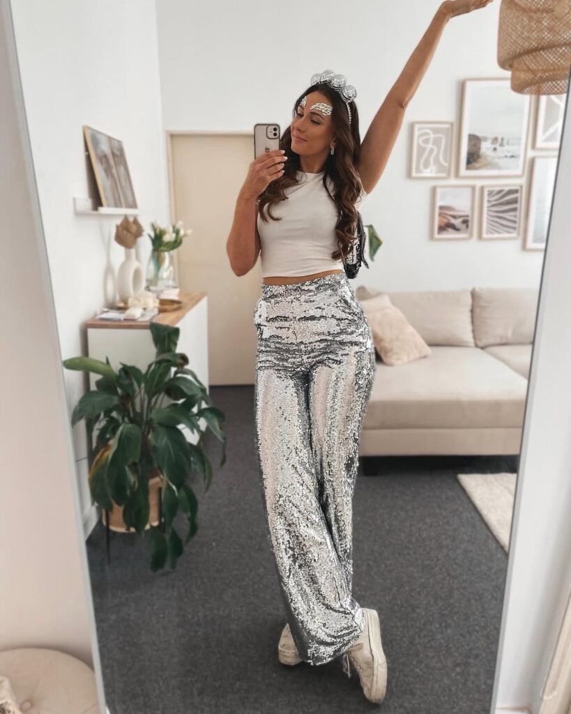Silver Sequin Pants and White Crop Top 