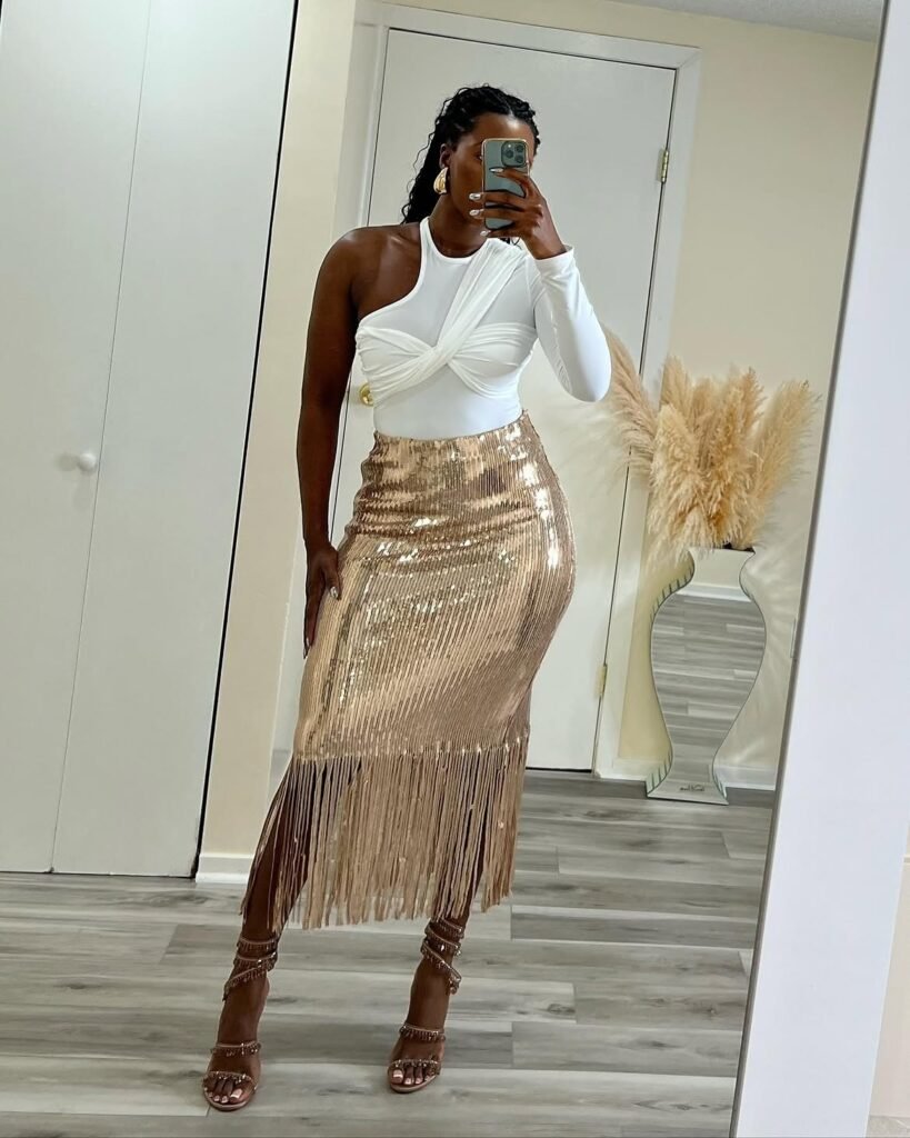 White One Shoulder Top With Gold Sequin Skirt 