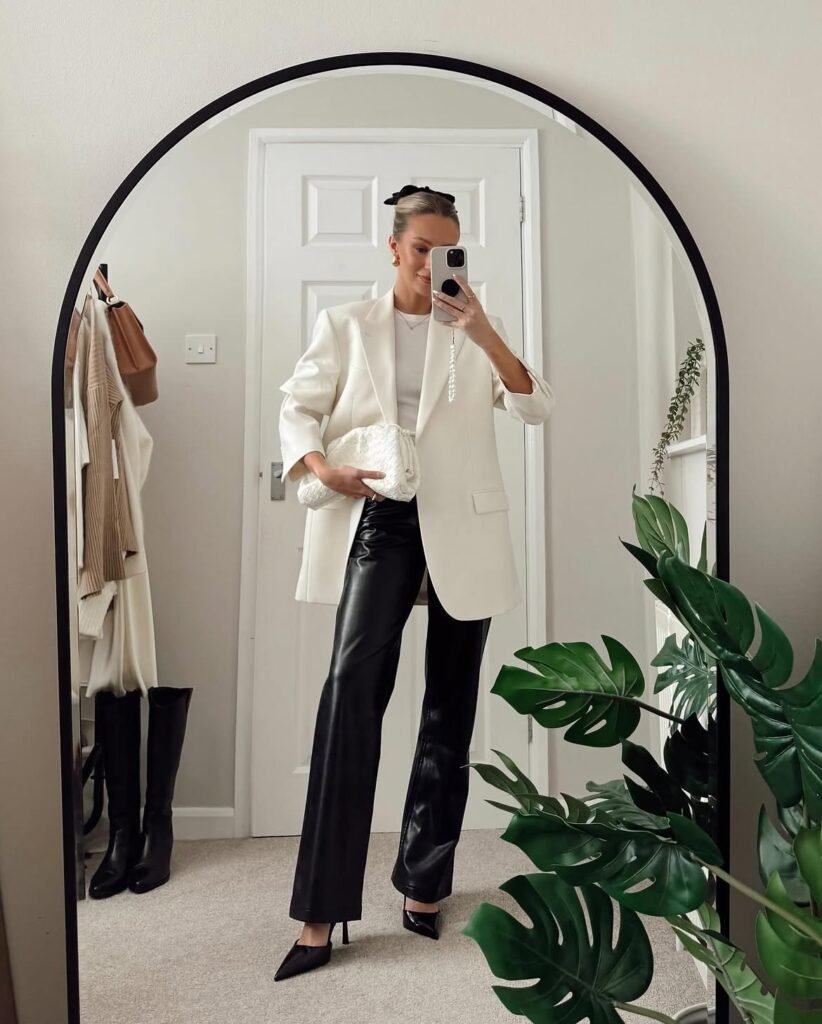 White Blazer With Black Leather Pants 