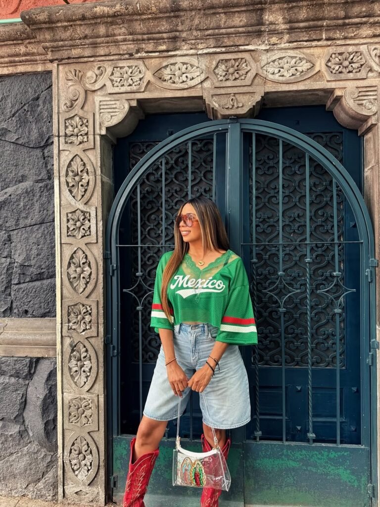 Green Jersey With Denim Bermuda Shorts And Red Cowboy Boots