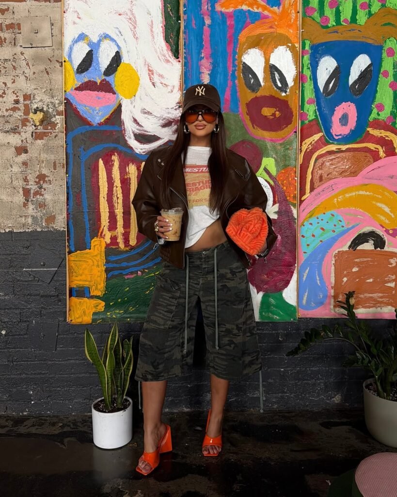 Brown Leather Jacket With Camo Bermuda Shorts