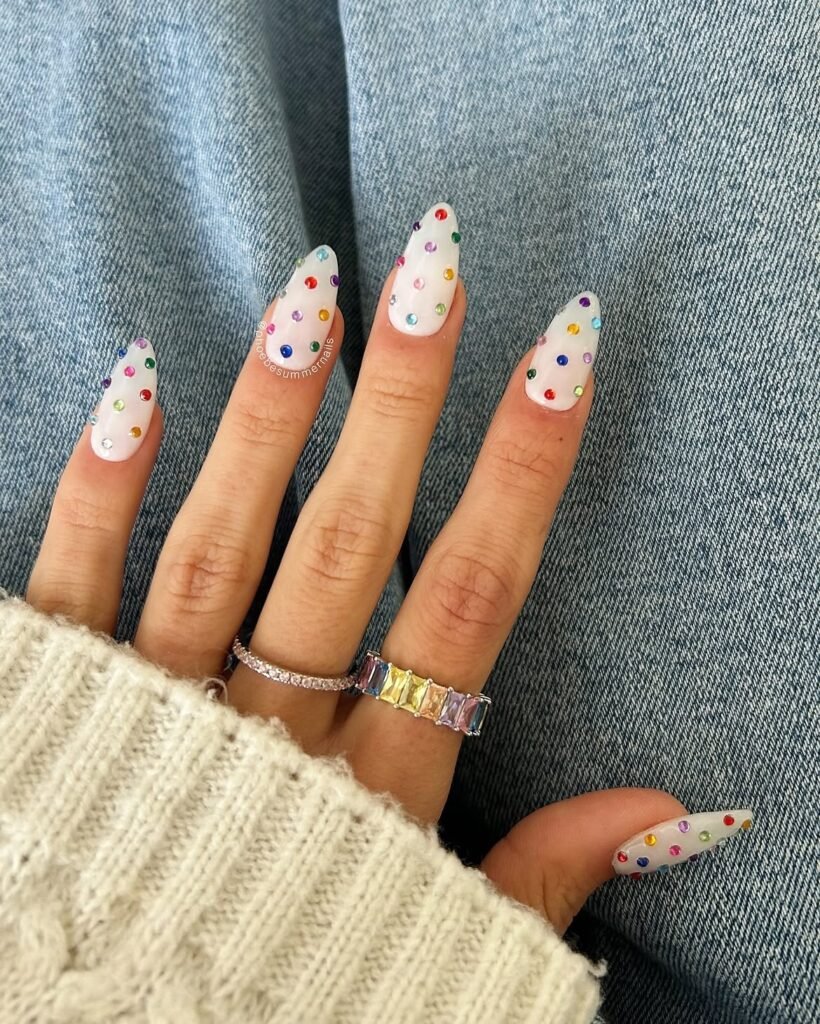 Milky White Nails With Colorful Rhinestones 