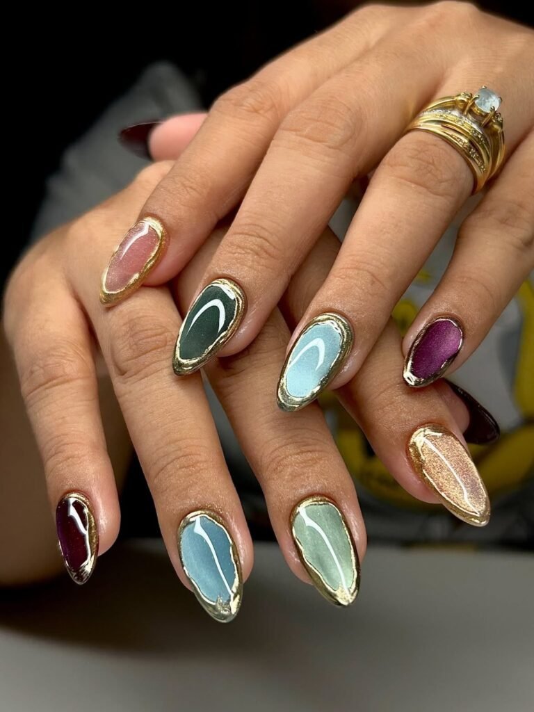 Jewel Toned Gold Rim Nails 