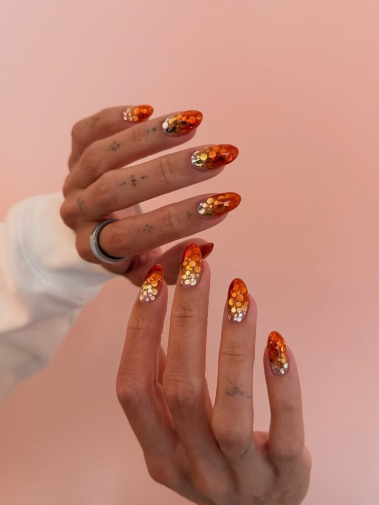 Orange Confetti Almond Nails 