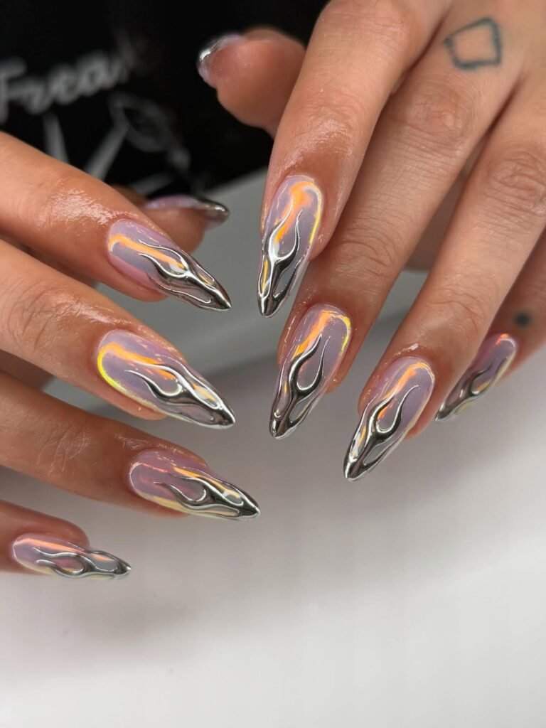 Iridescent Chrome Flame Nails 