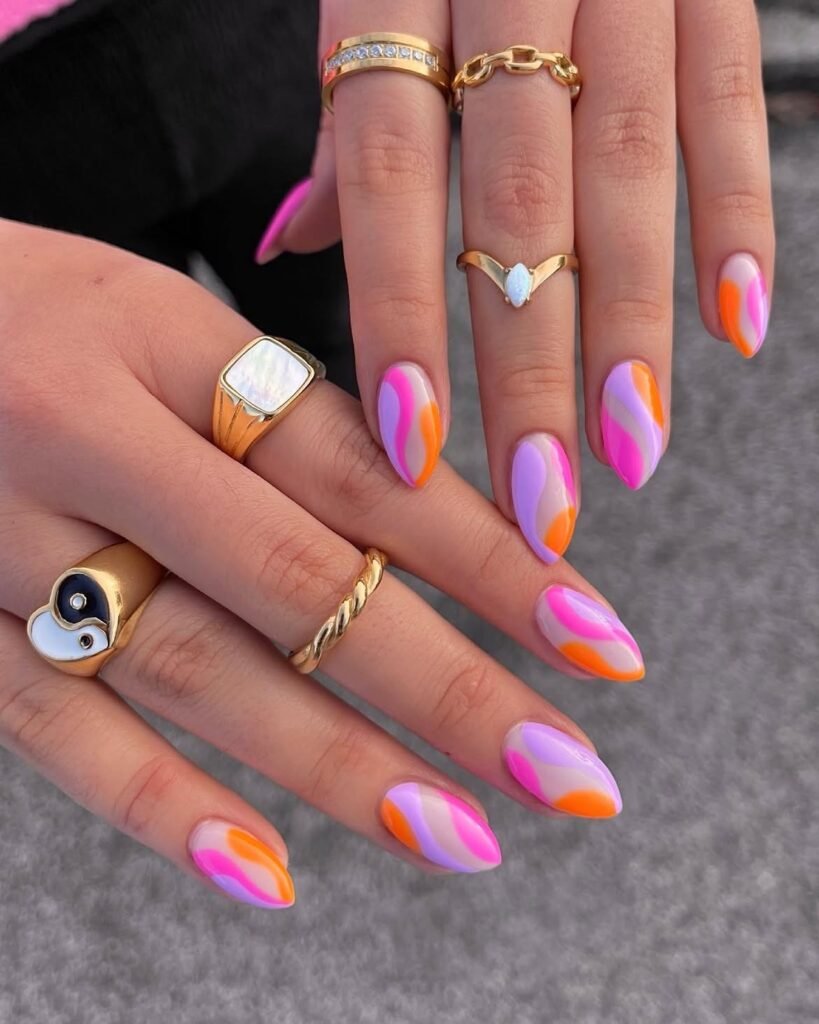 Pink Orange And Purple Swirl Nails 