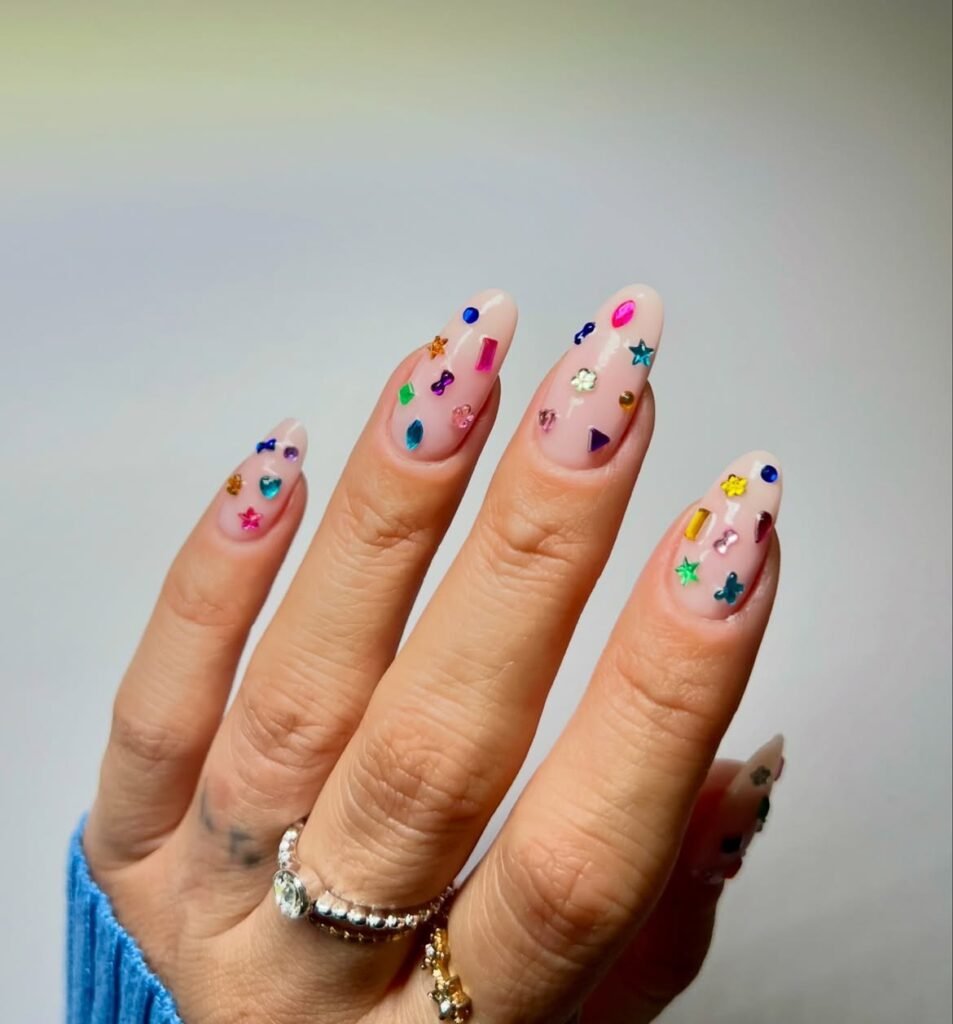 Colorful Rhinestone Confetti Nails 