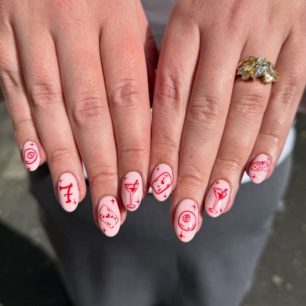 Pink Party Nails With Fun Red Details 