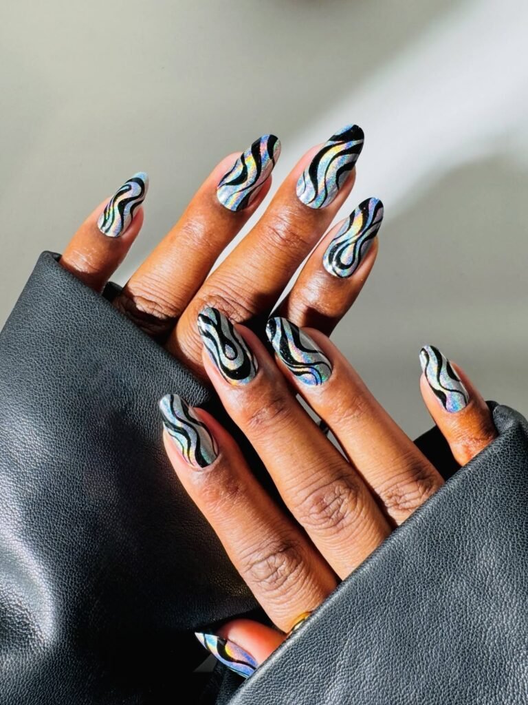Iridescent Black Swirl Nails 