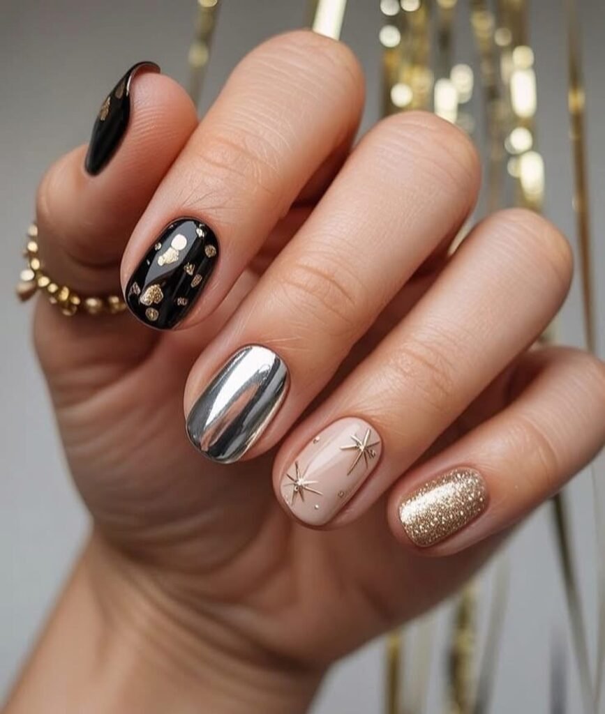 Black Gold and Chrome Party Nails 