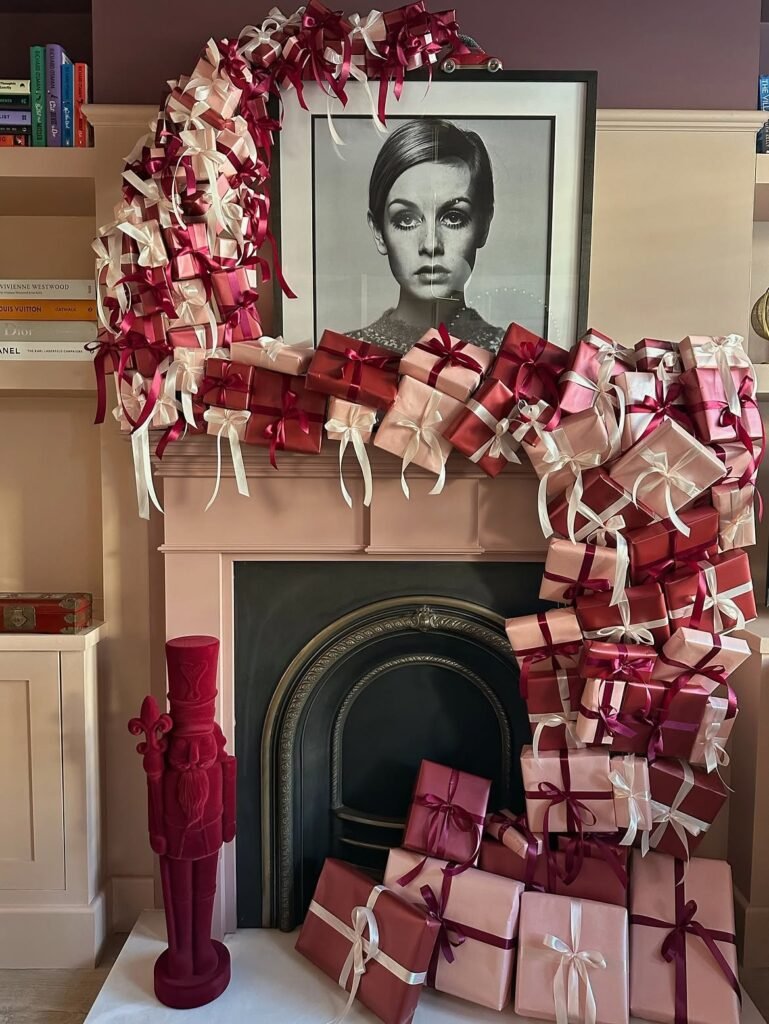 Pink Present Filled Christmas Mantel