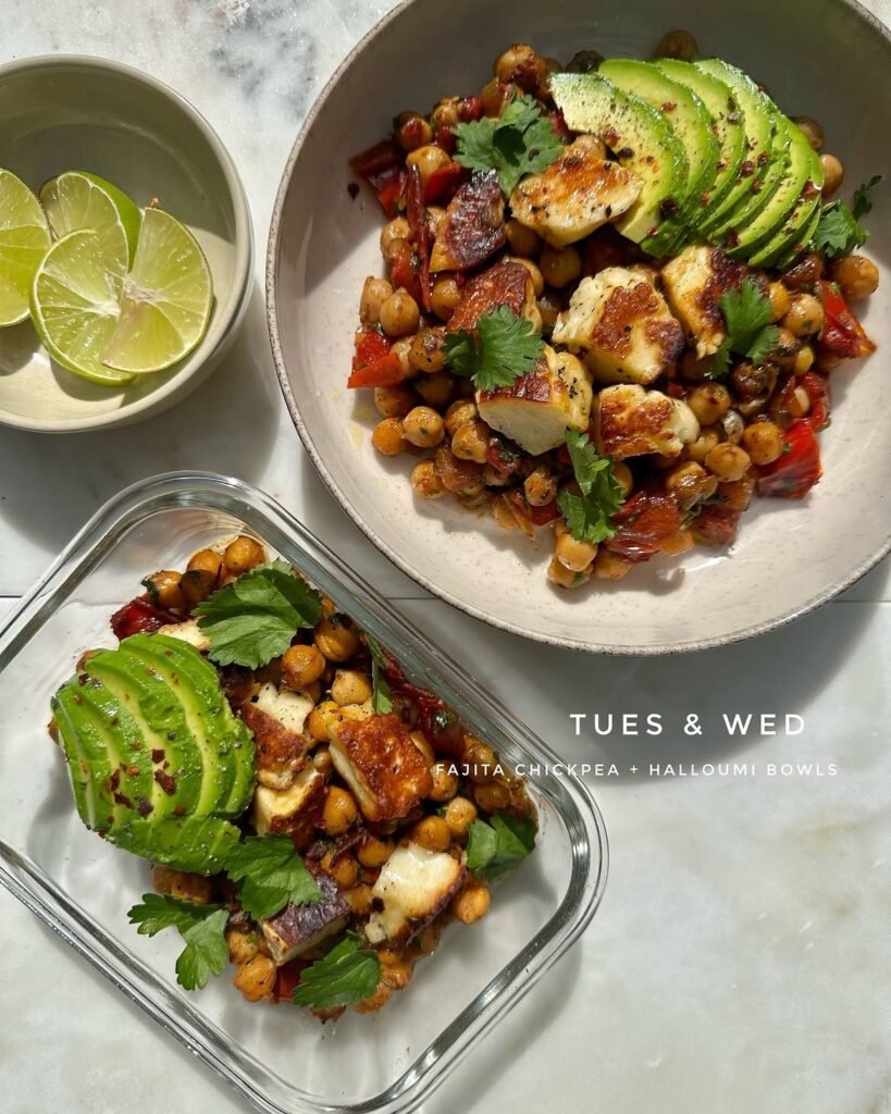 Fajita Chickpea and Halloumi Bowls