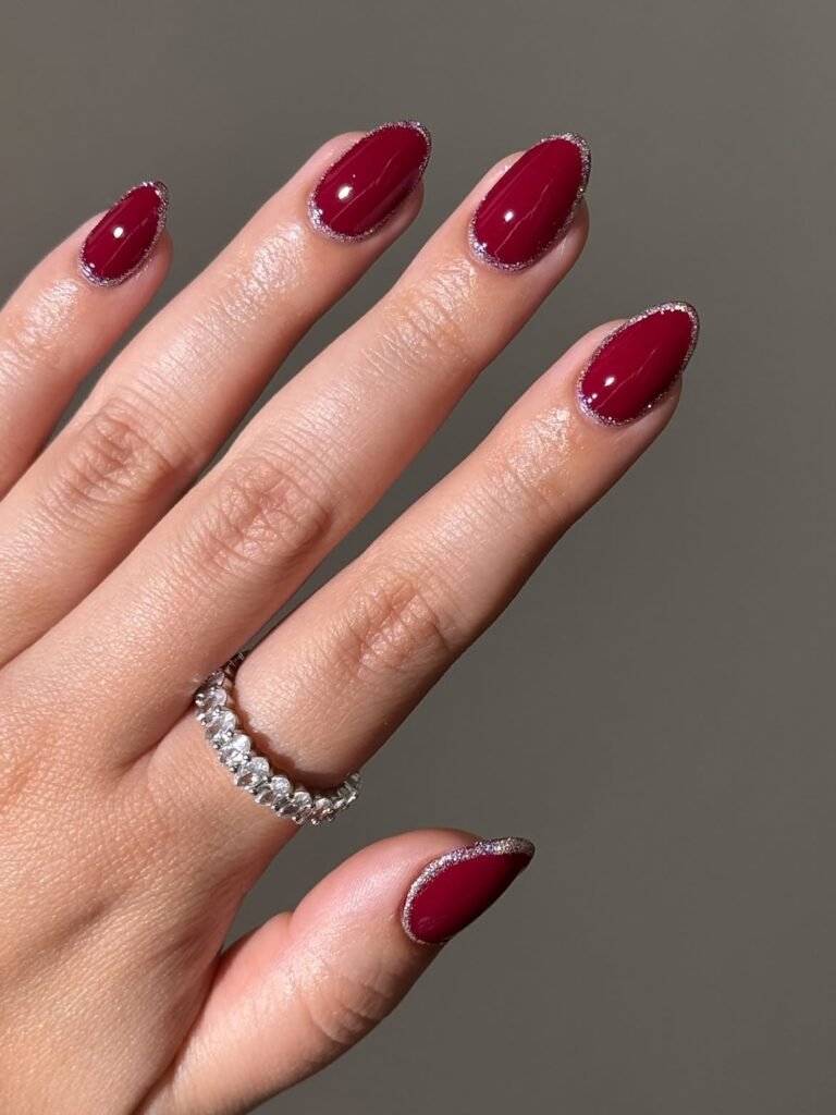 Burgundy Glitter Outline Nails
