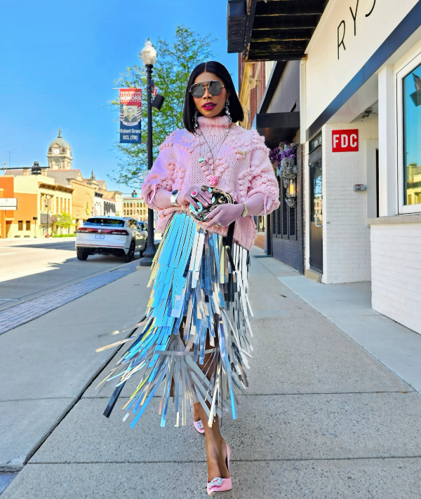 Pink Statement Sweater and Metallic Fringe Skirt 