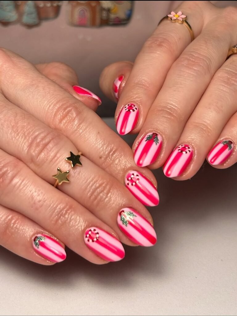 Pink Candy Cane Christmas Nails