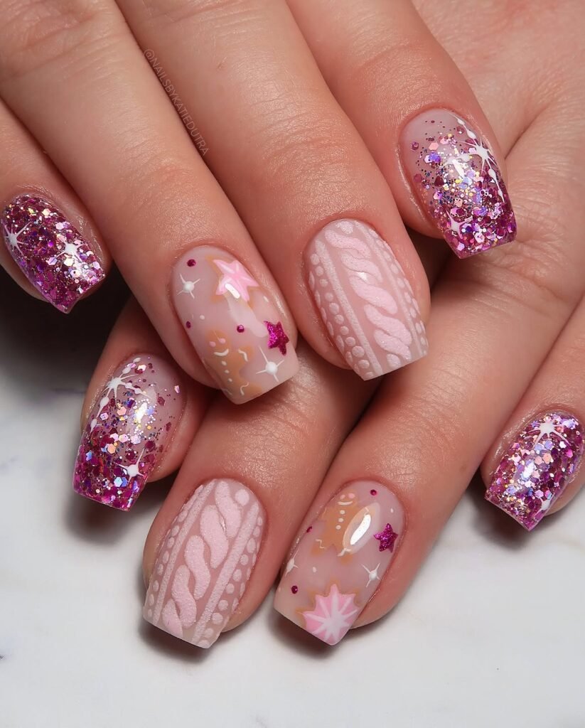 Pink Glitter Gingerbread Winter Nails